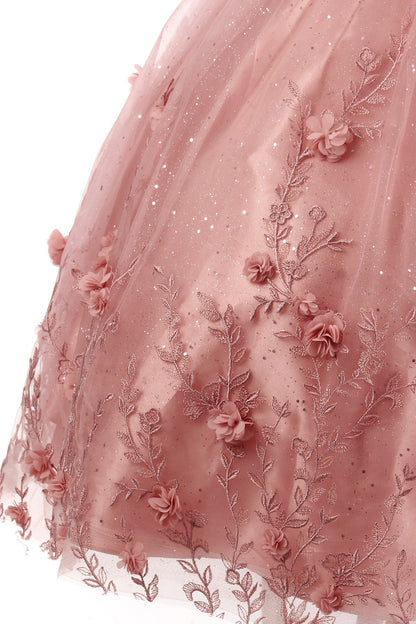 Bodice close-up highlights dusty rose skirt zoom kids mini quinceañera mini quince dress with off-shoulder 3D floral applique.