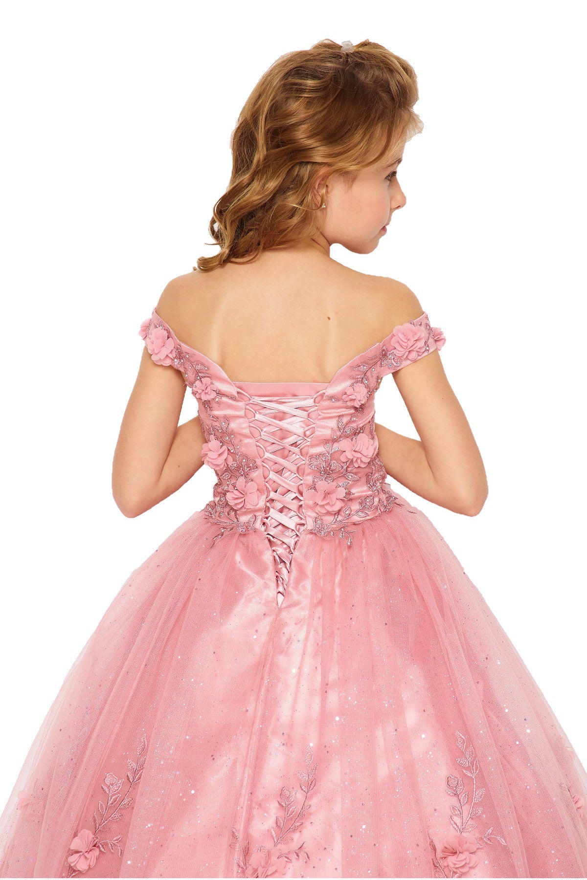 Dusty rose back zoom kids mini quinceañera mini quince dress with off-shoulder 3D floral applique and glitter lace tulle.