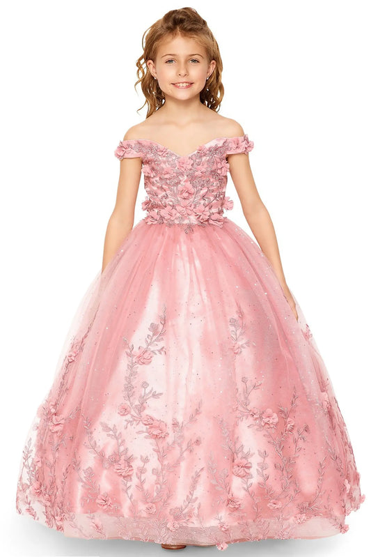 Young girl standing front-facing in dusty rose mini quinceañera dress with off-shoulder sleeves, 3D floral appliqués, glittered lace tulle fabric, and elegant A-line skirt