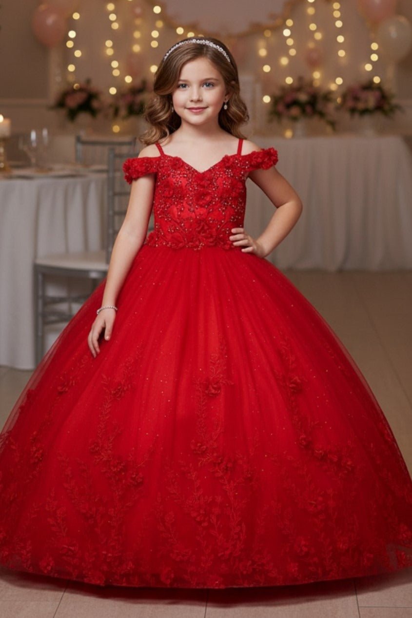 Red off-shoulder kids mini quinceañera dress with 3D floral applique and glitter lace tulle