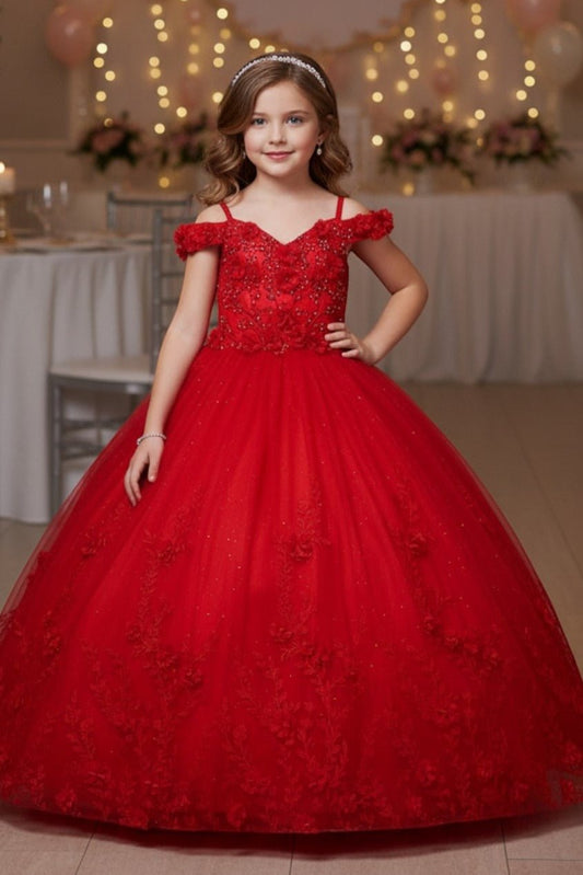 Red off-shoulder kids mini quinceañera dress with 3D floral applique and glitter lace tulle