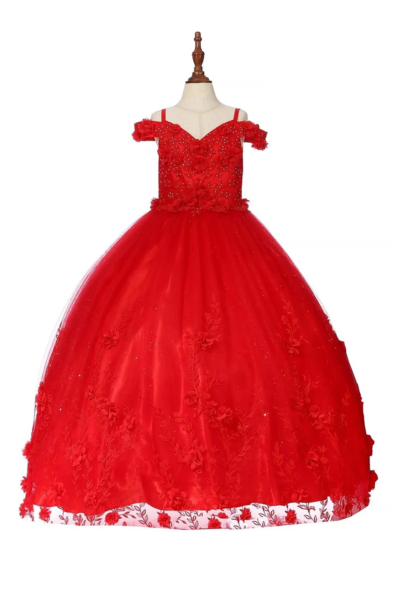 Red off-shoulder kids mini quinceañera dress with glitter lace tulle, 3D floral applique and layered skirt