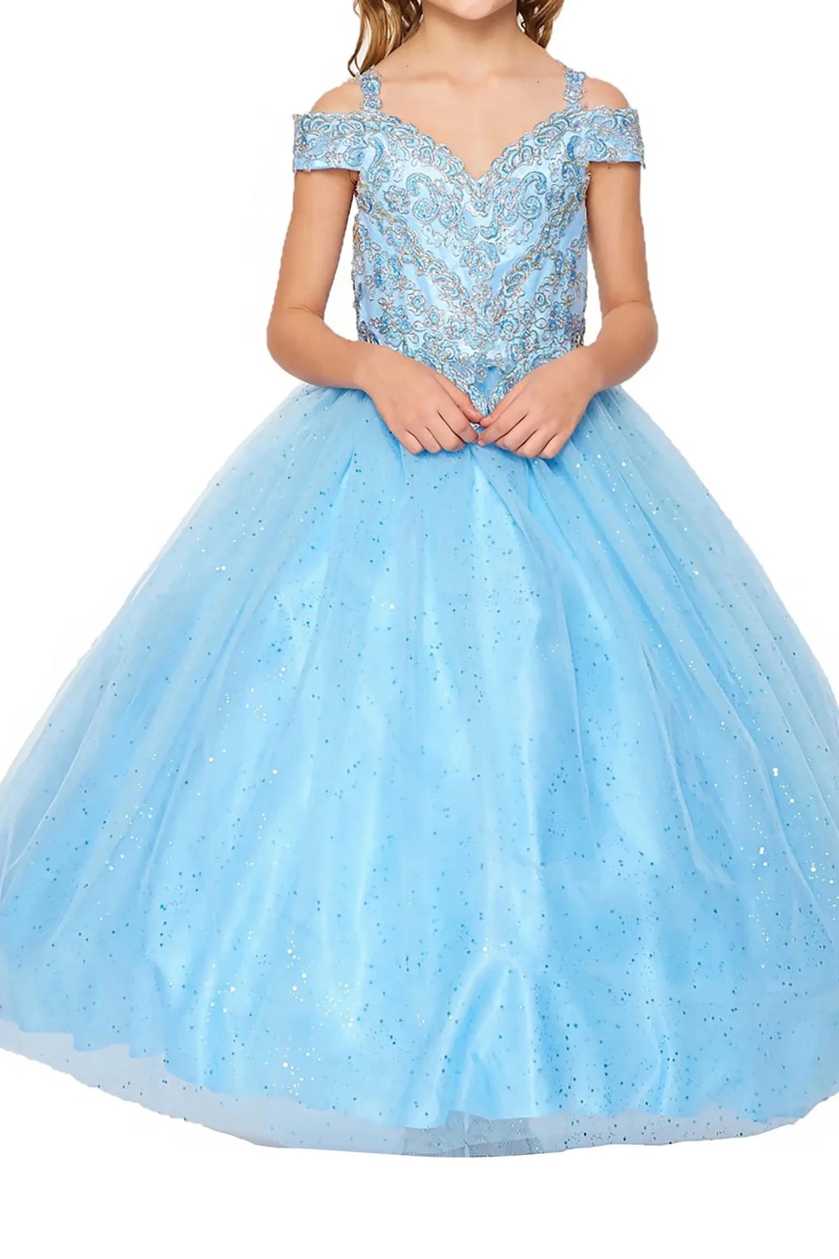 Blue mini quince dress with lace-up bodice metallic glitter A-line tulle skirt.