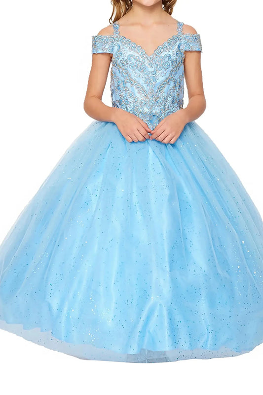 Blue mini quince dress with lace-up bodice metallic glitter A-line tulle skirt.