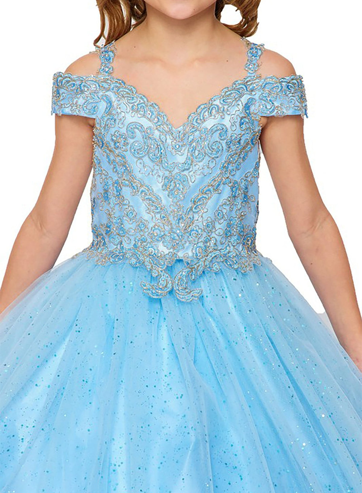 Blue mini quince dress with metallic glitter A-line tulle skirt bejeweled arm drapes and lace-up back.