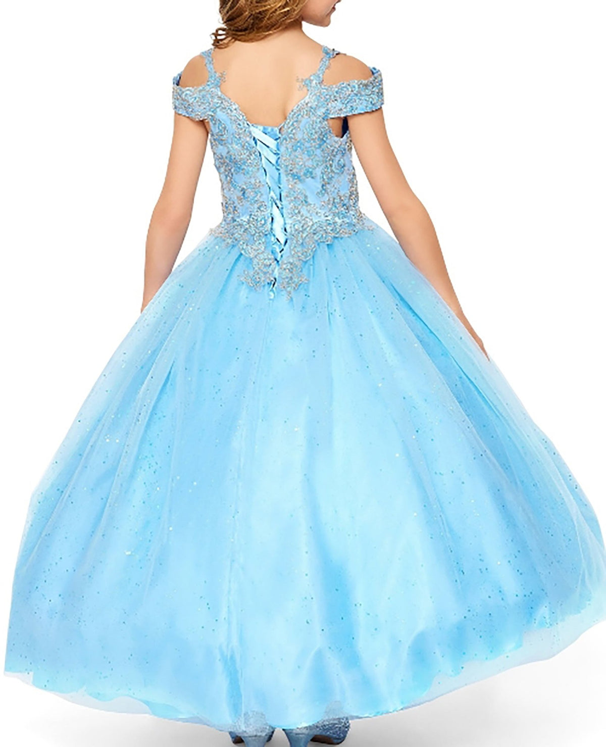 Front view of blue mini quince dress with sequin bodice lace-up back and glitter tulle skirt.