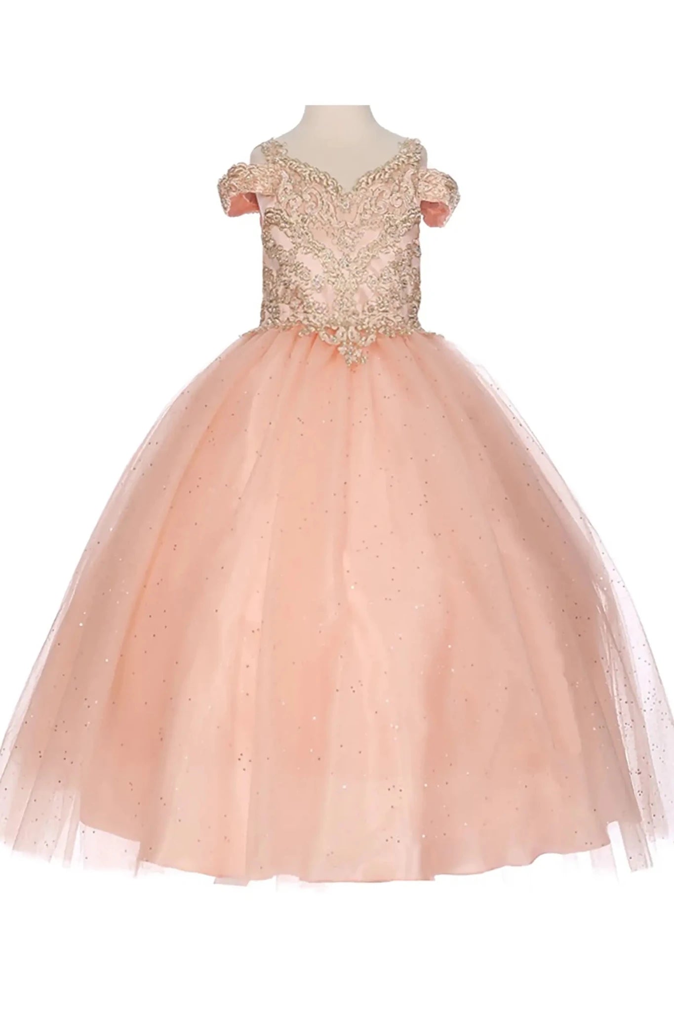 Front view of blush mini quince dress with sheer metallic glitter A-line tulle skirt and fitted bodice.