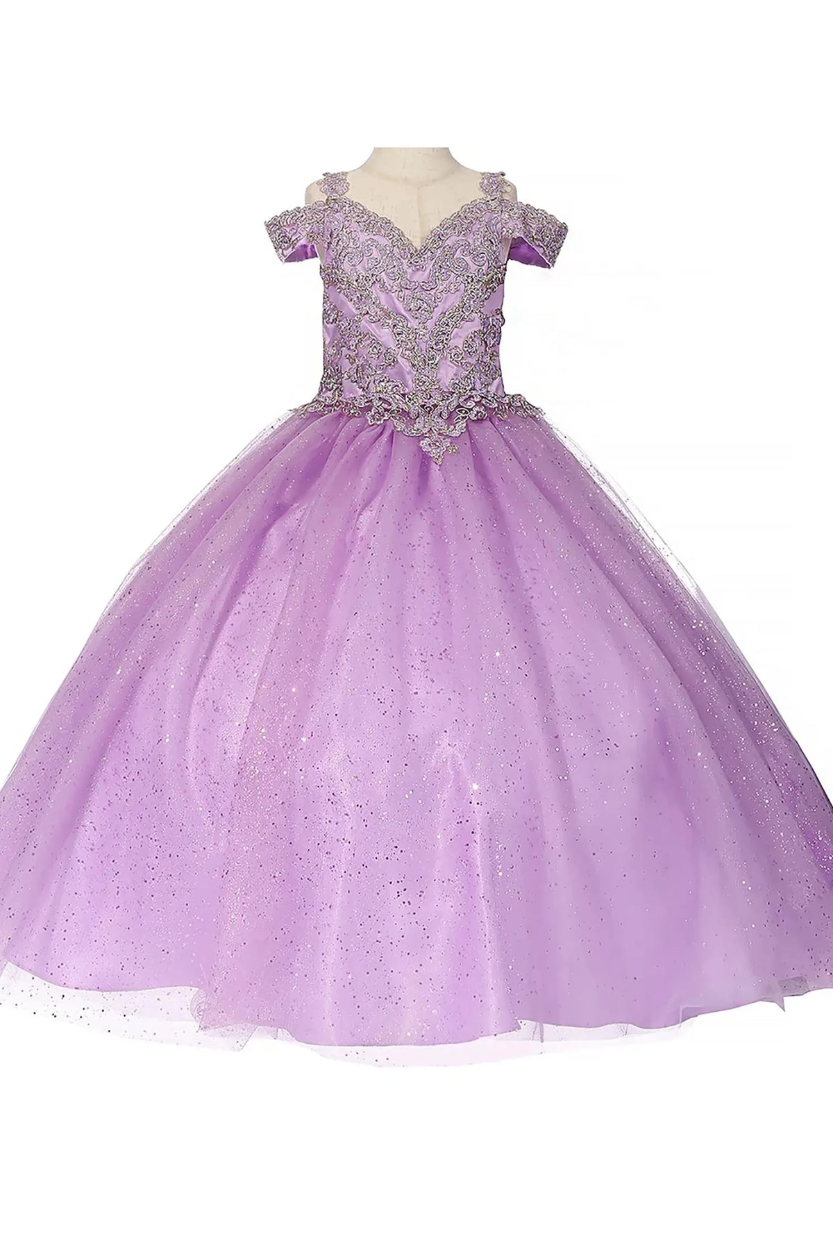 Front view of lilac mini quince dress with sheer metallic glitter A-line tulle skirt and fitted bodice.