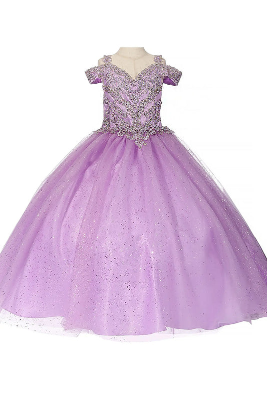 Front-facing in lilac mini quinceañera dress with sheer metallic glitter A-line silhouette, fitted bodice, and sparkling layered skirt