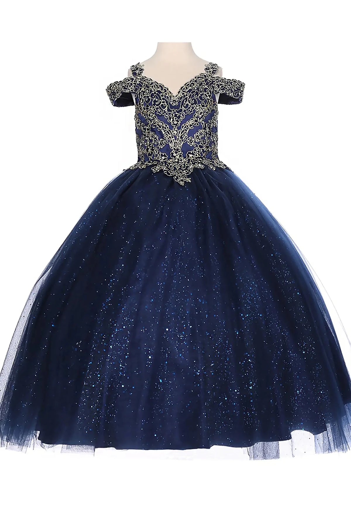 Front view of navy mini quince dress with sheer metallic glitter A-line tulle skirt and fitted bodice.