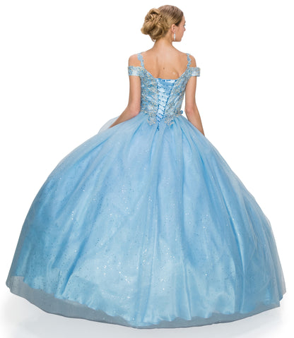 Quinceañera | Blue Off-Shoulder Light Gold Coiled Rhinestone with Glittered Tulle Sweet 15 Ballgown | Aurora J Dress | 5 Colors Available back