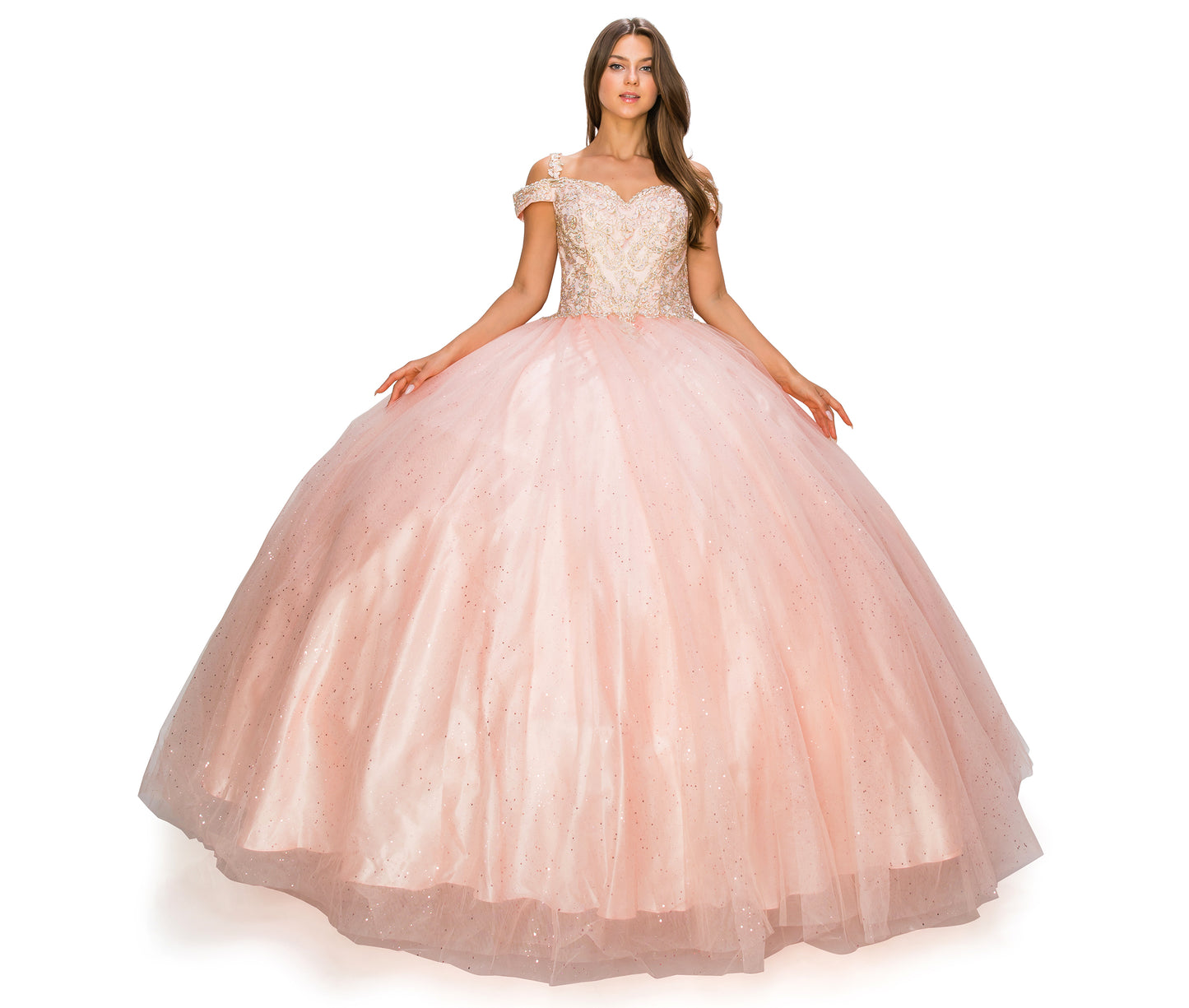 Quinceañera | Blush Off-Shoulder Light Gold Coiled Rhinestone with Glittered Tulle Sweet 15 Ballgown | Aurora J Dress | 5 Colors Available