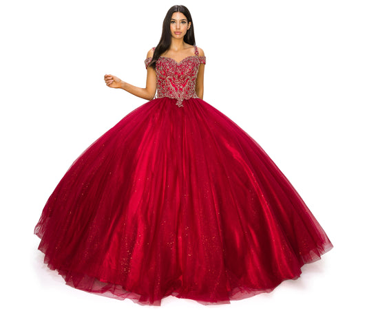 Quinceañera | Burgundy Off-Shoulder Light Gold Coiled Rhinestone with Glittered Tulle Sweet 15 Ballgown | Aurora J Dress | 5 Colors Available