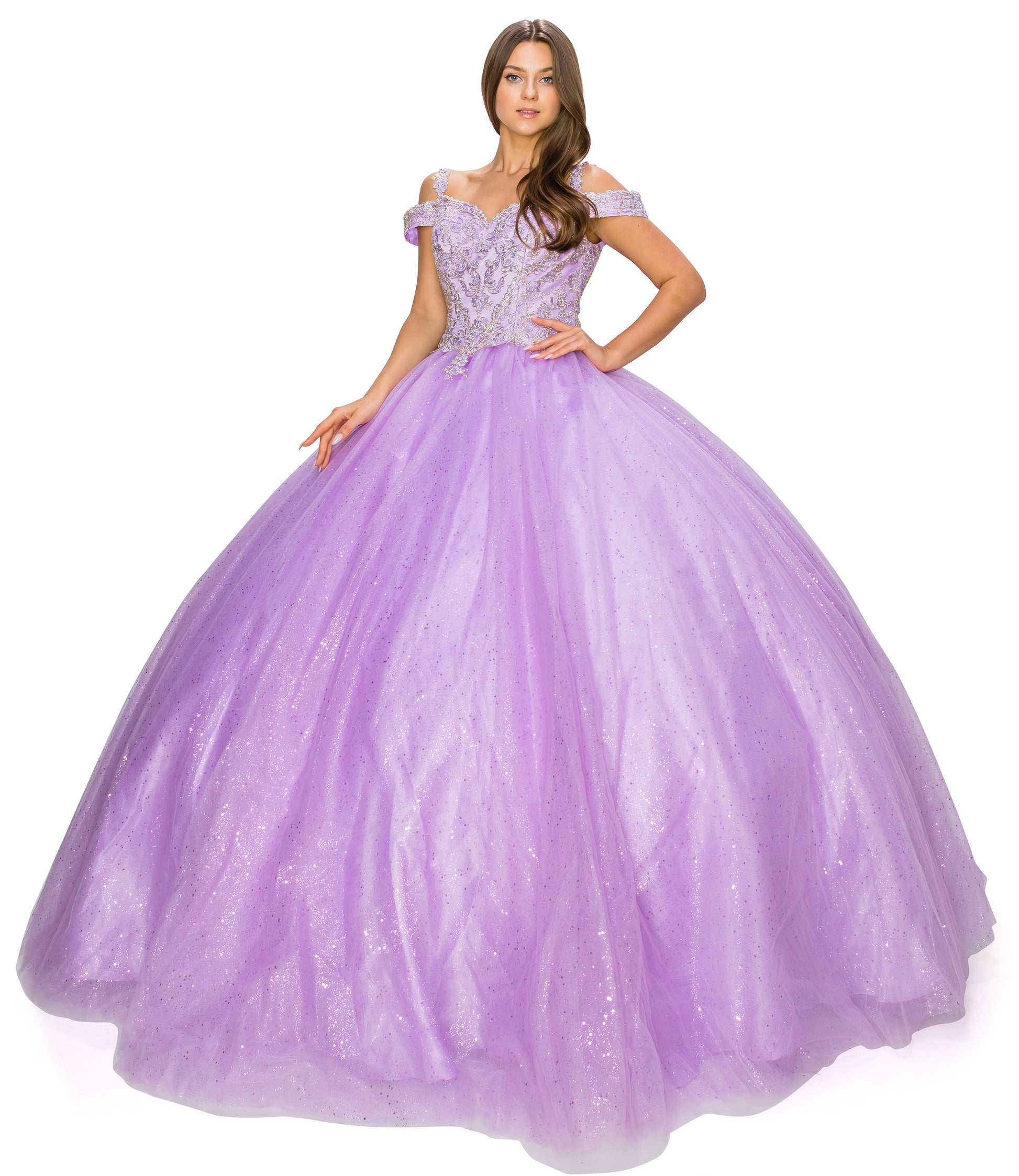 Quinceañera | Lilac Off-Shoulder Light Gold Coiled Rhinestone with Glittered Tulle Sweet 15 Ballgown | Aurora J Dress | 5 Colors Available front