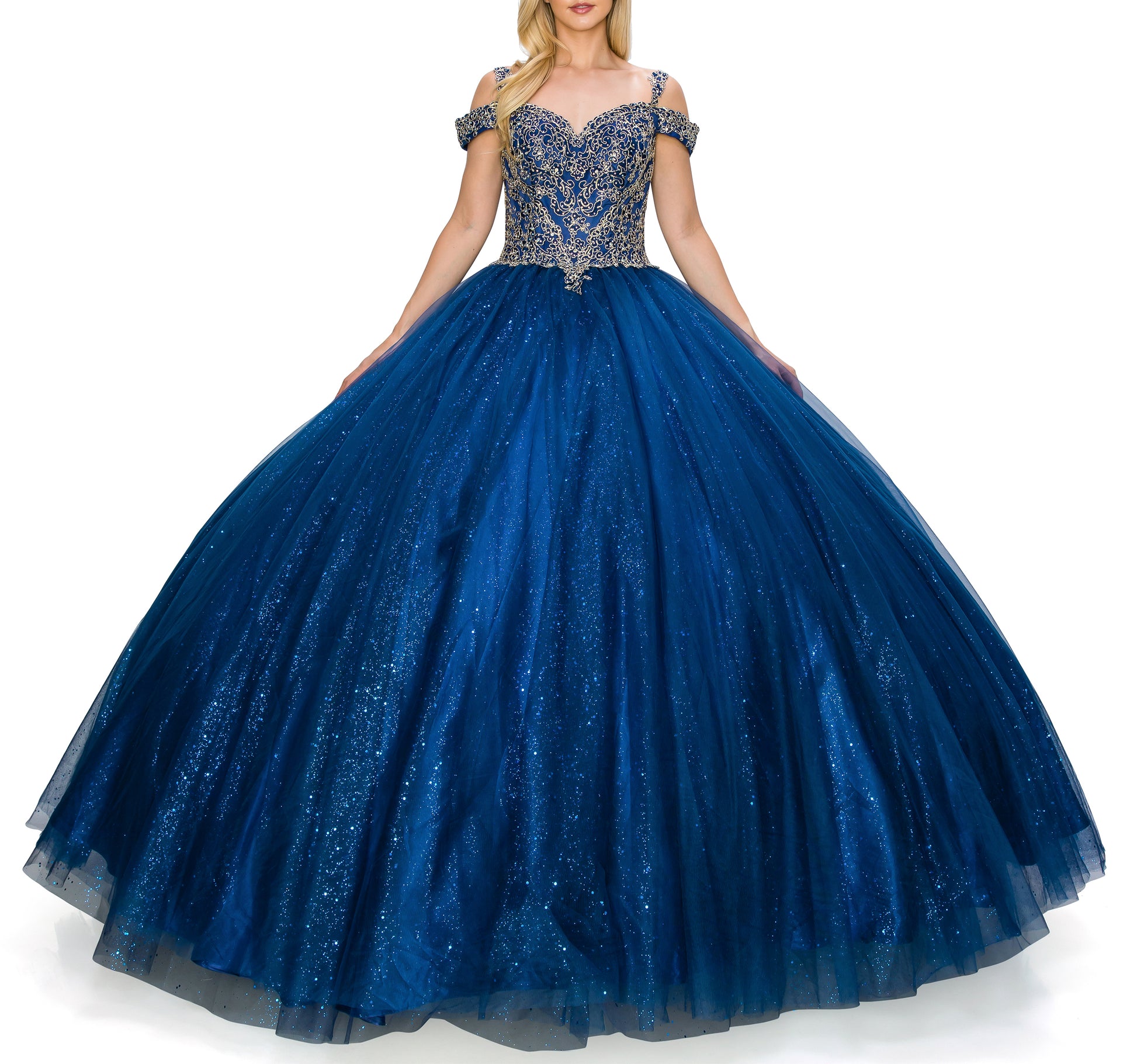 Quinceañera | Navy Off-Shoulder Light Gold Coiled Rhinestone with Glittered Tulle Sweet 15 Ballgown | Aurora J Dress | 5 Colors Available