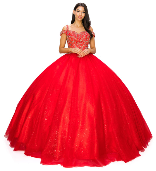 Quinceañera | Red Off-Shoulder Light Gold Coiled Rhinestone with Glittered Tulle Sweet 15 Ballgown | Aurora J Dress | 5 Colors Available front