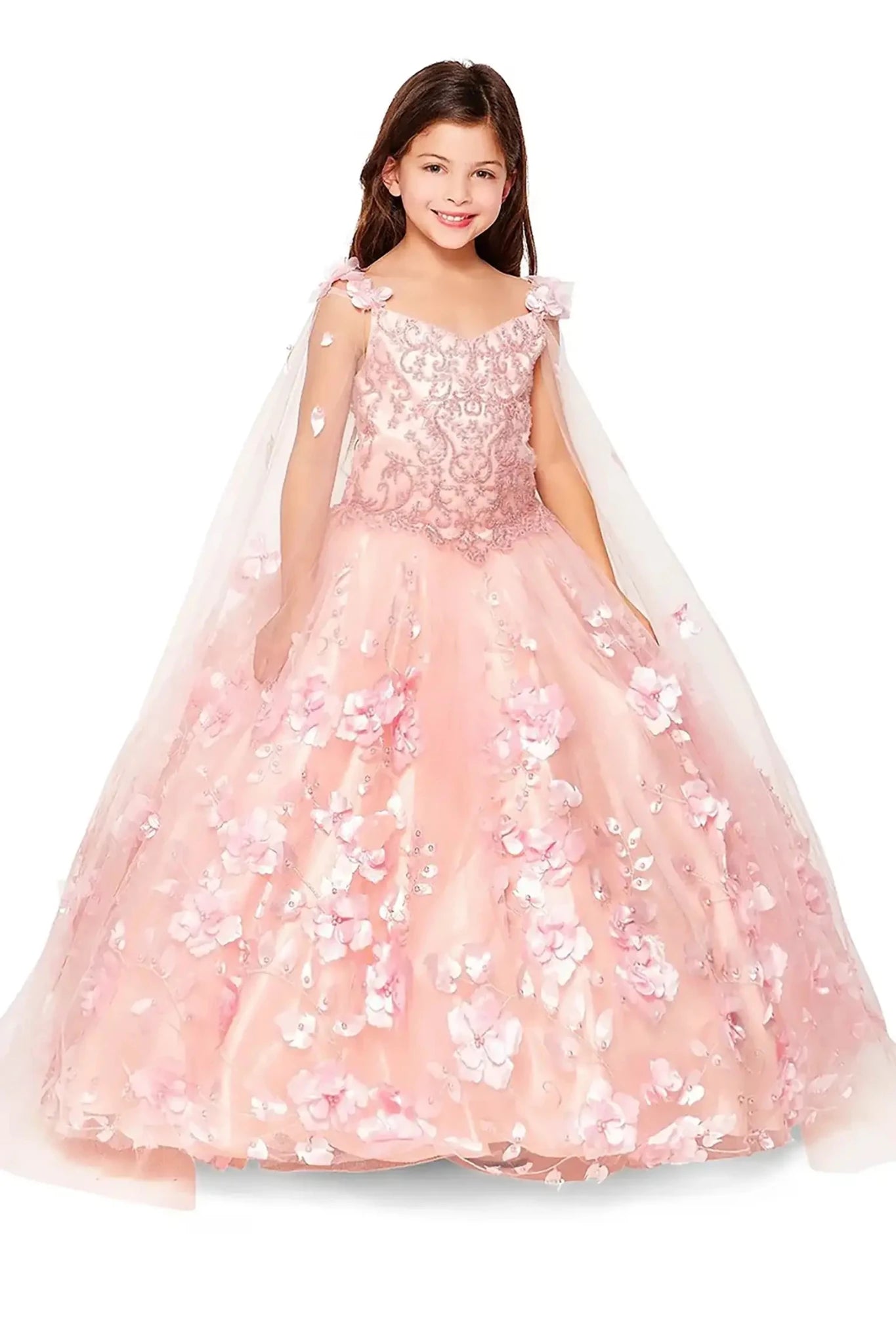 Front view of blush mini quince dress with floral applique fitted bodice and layered skirt.