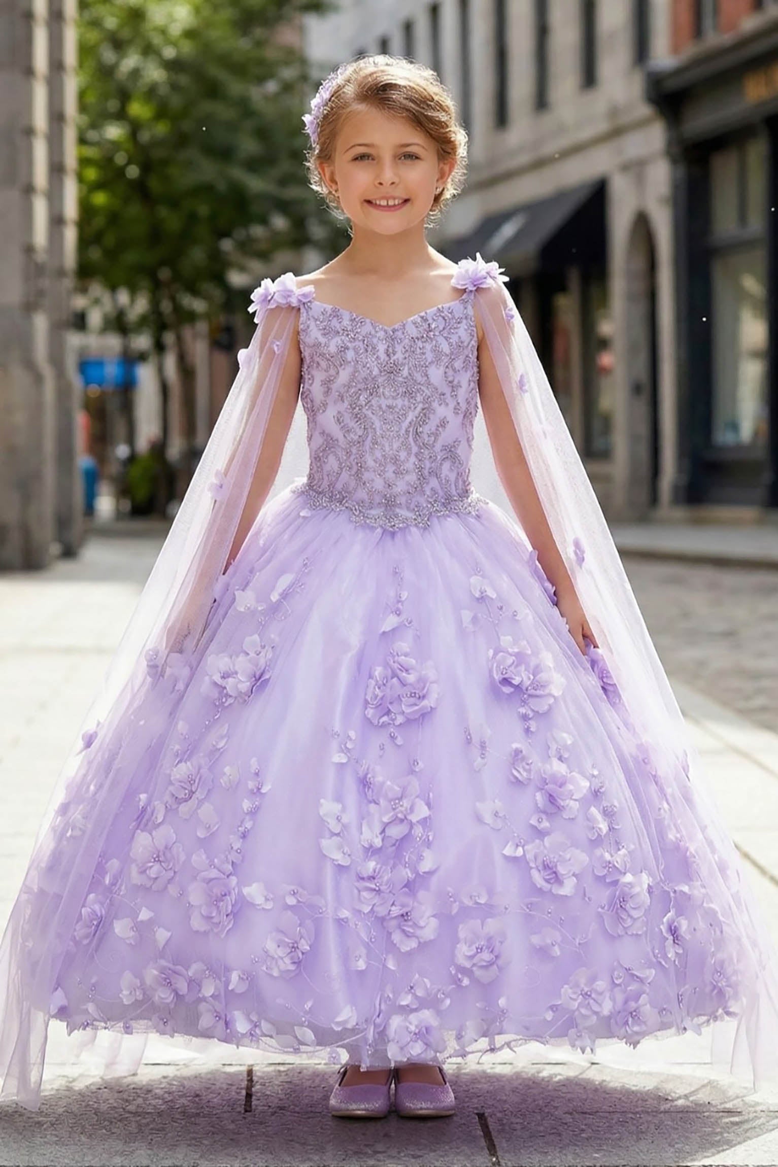 Lilac Kids Dress with 3D Flowers, Stones, Pearls and Detachable Cape, Mini Quince Dress Lilac Kids Dress with 3D Flowers, Stones, Pearls and Detachable Cape, Mini Quince Dress