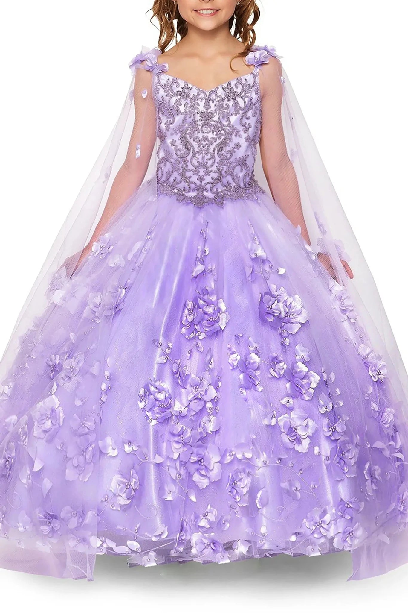Front view of Lilac Kids Dress with 3D Flowers, Stones, Pearls and Detachable Cape, Mini Quince Dress.