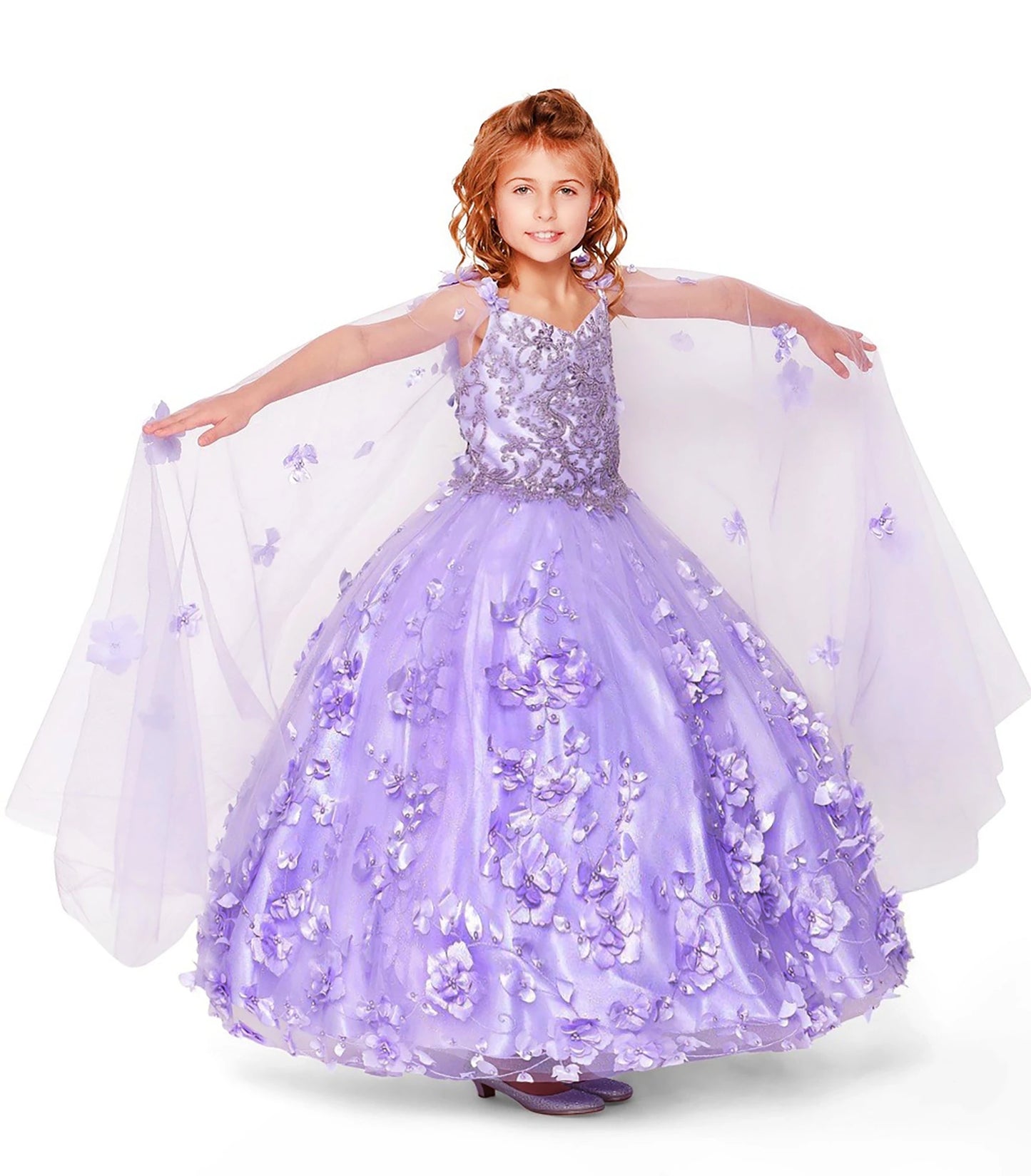 Front view of Lilac Kids Dress with 3D Flowers, Stones, Pearls and Detachable Cape, Mini Quince Dress.