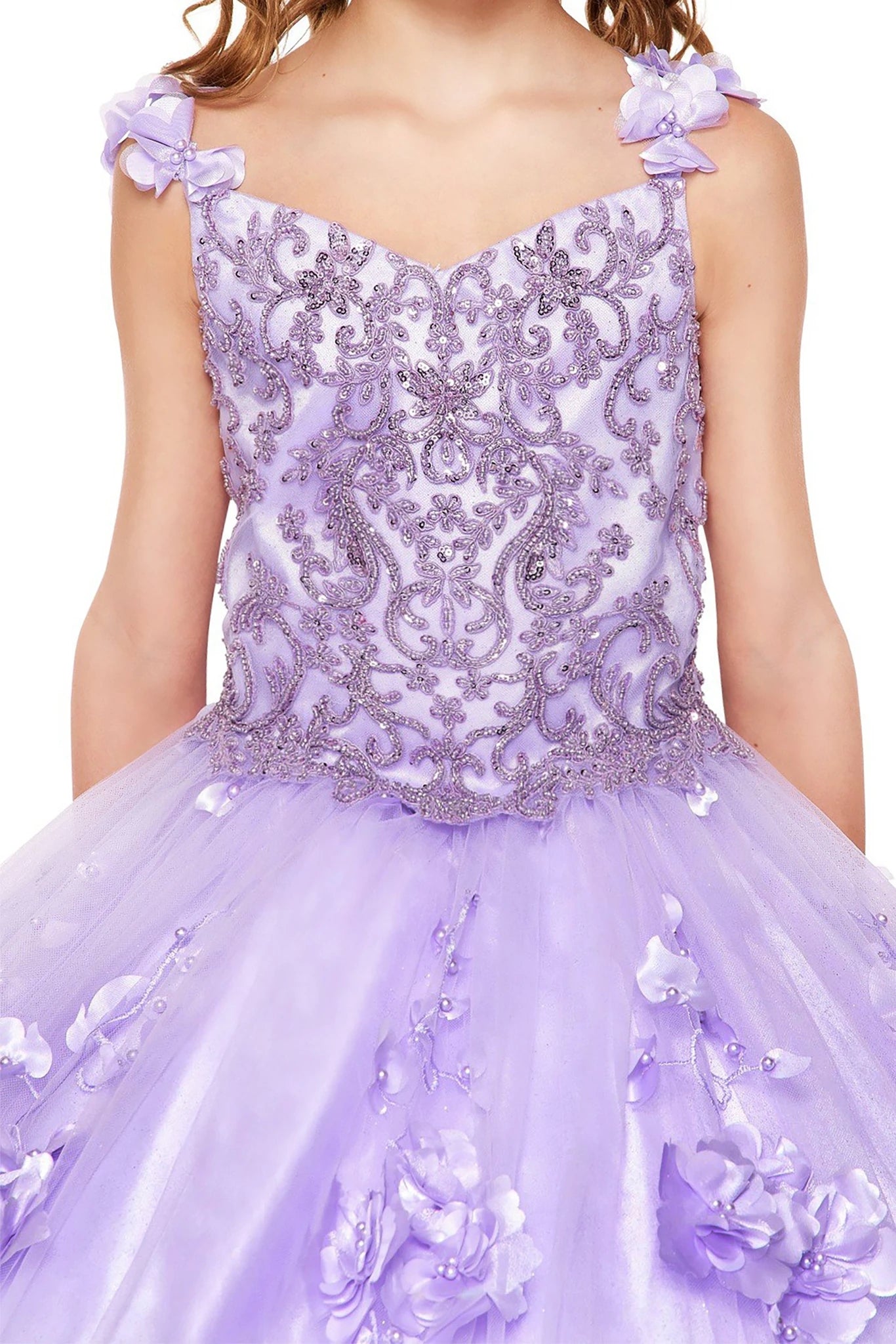 Lilac Kids Dress with 3D Flowers, Stones, Pearls and Detachable Cape, Mini Quince Dress Lavender dress with intricate lace and floral details