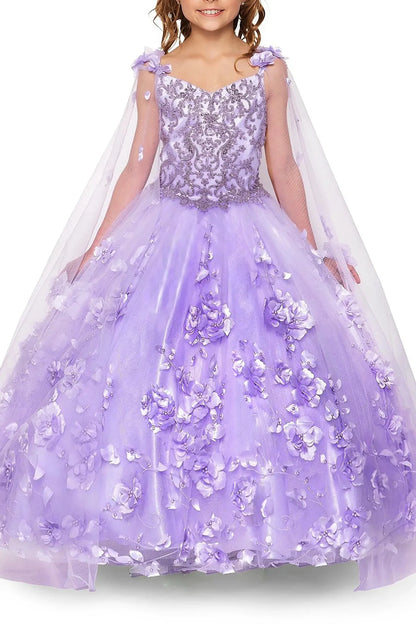 Young girl standing front-facing in lilac mini quinceañera gown with floral appliqués, fitted bodice, and voluminous layered skirt on white background