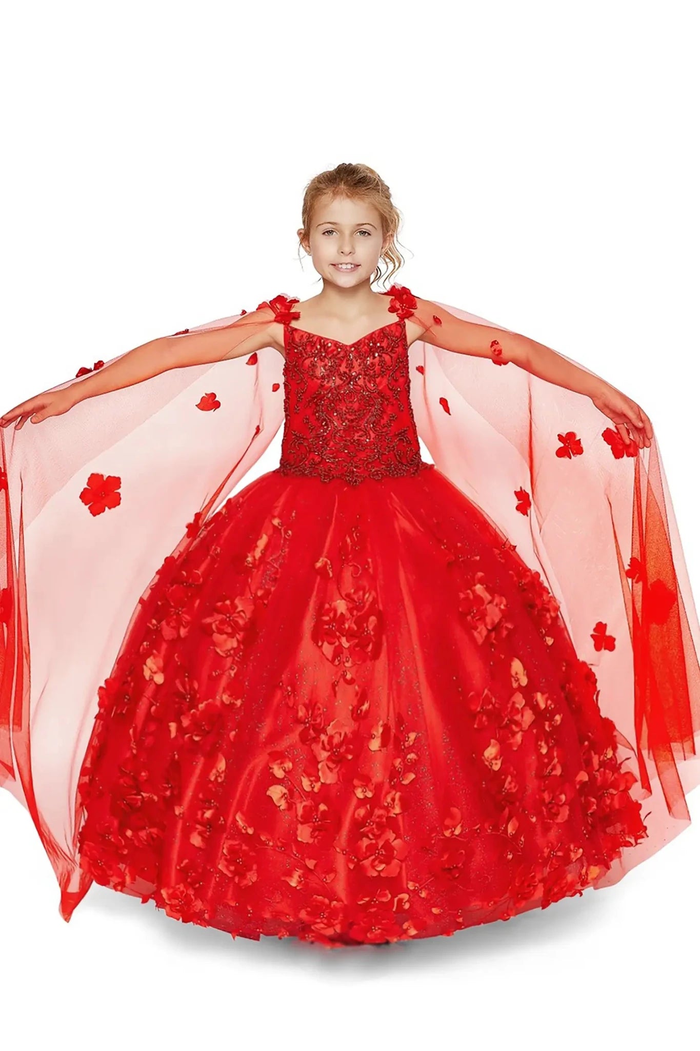 Red front view kids mini quinceañera mini quince dress with fitted bodice, layered A-line skirt, 3D floral applique, stones and pearls.