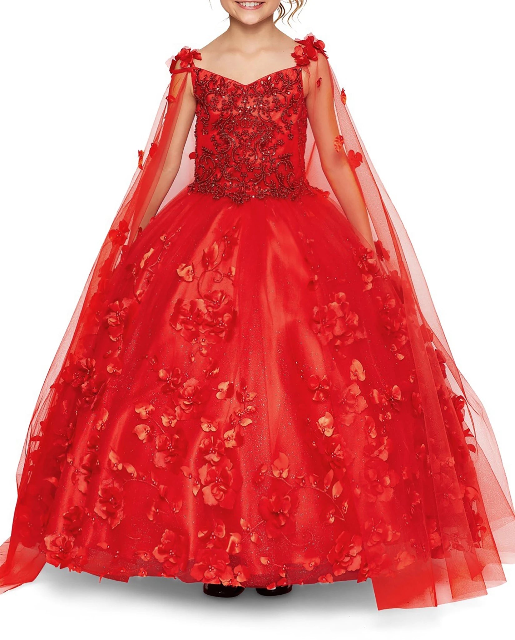 Red back view kids mini quinceañera mini quince dress with floral applique details, satin tulle skirt and lace-up corset.