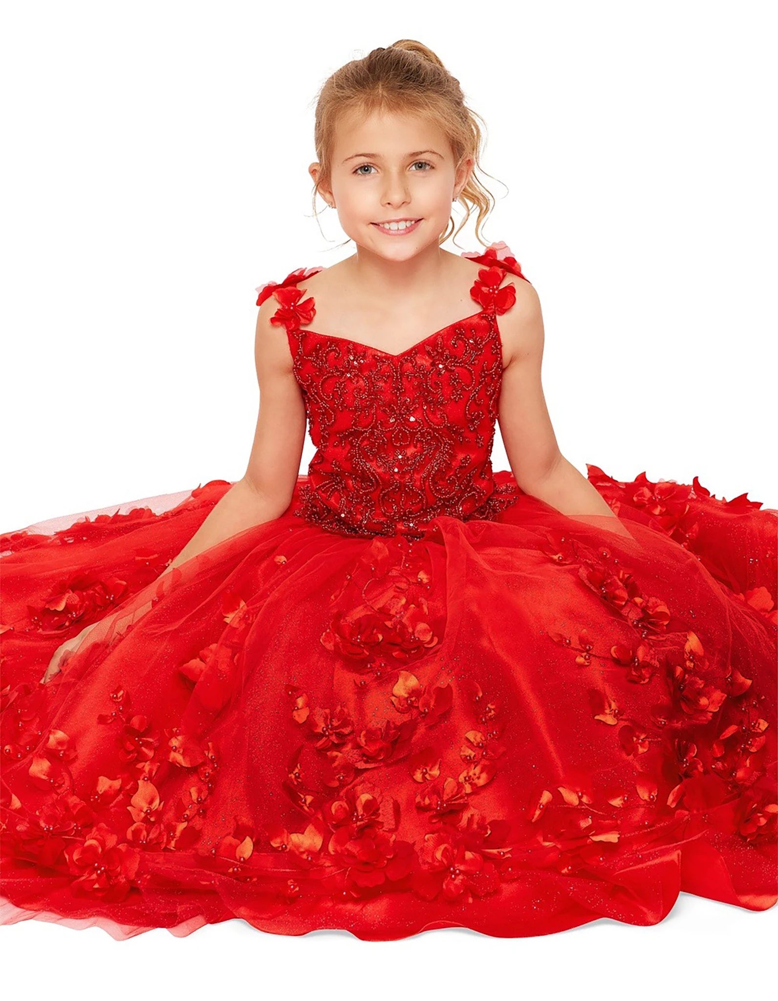 Red layered skirt kids mini quinceañera mini quince dress with floral applique and tulle fabric.