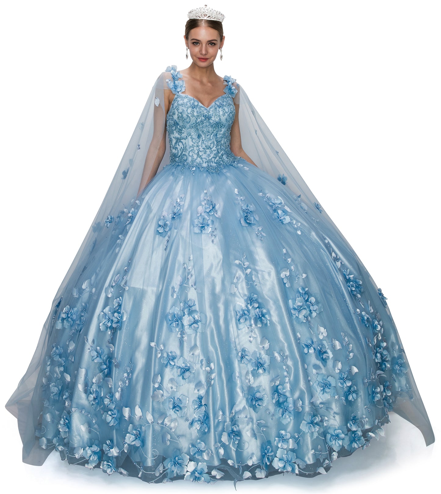 Blue Quinceanera | Elegant 3D Stone & Pearl Embellishments, Floral Appliques Ball Gown with Detachable Cape - front view of woman wearing dress