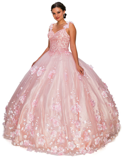 Blush Quinceanera | Elegant 3D Stone & Pearl Embellishments, Floral Appliques Ball Gown with Detachable Cape - front view of woman wearing dress