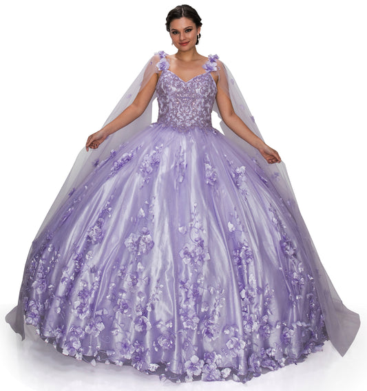 Lilac Quinceanera | Elegant 3D Stone & Pearl Embellishments, Floral Appliques Ball Gown with Detachable Cape - front view of woman wearing dress