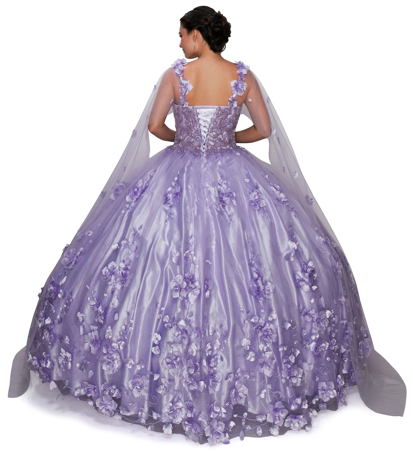 Lilac Quinceanera | Elegant 3D Stone & Pearl Embellishments, Floral Appliques Ball Gown with Detachable Cape - back view of woman wearing dress