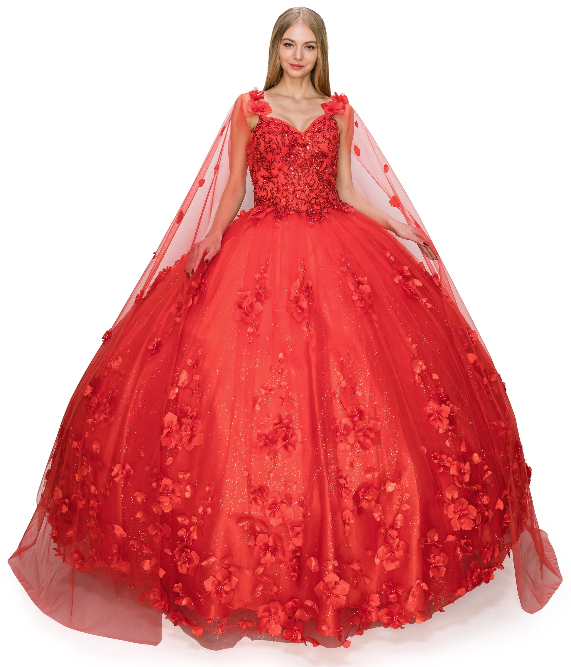 Red Quinceanera | Elegant 3D Stone & Pearl Embellishments, Floral Appliques Ball Gown with Detachable Cape - front view of woman wearing dress