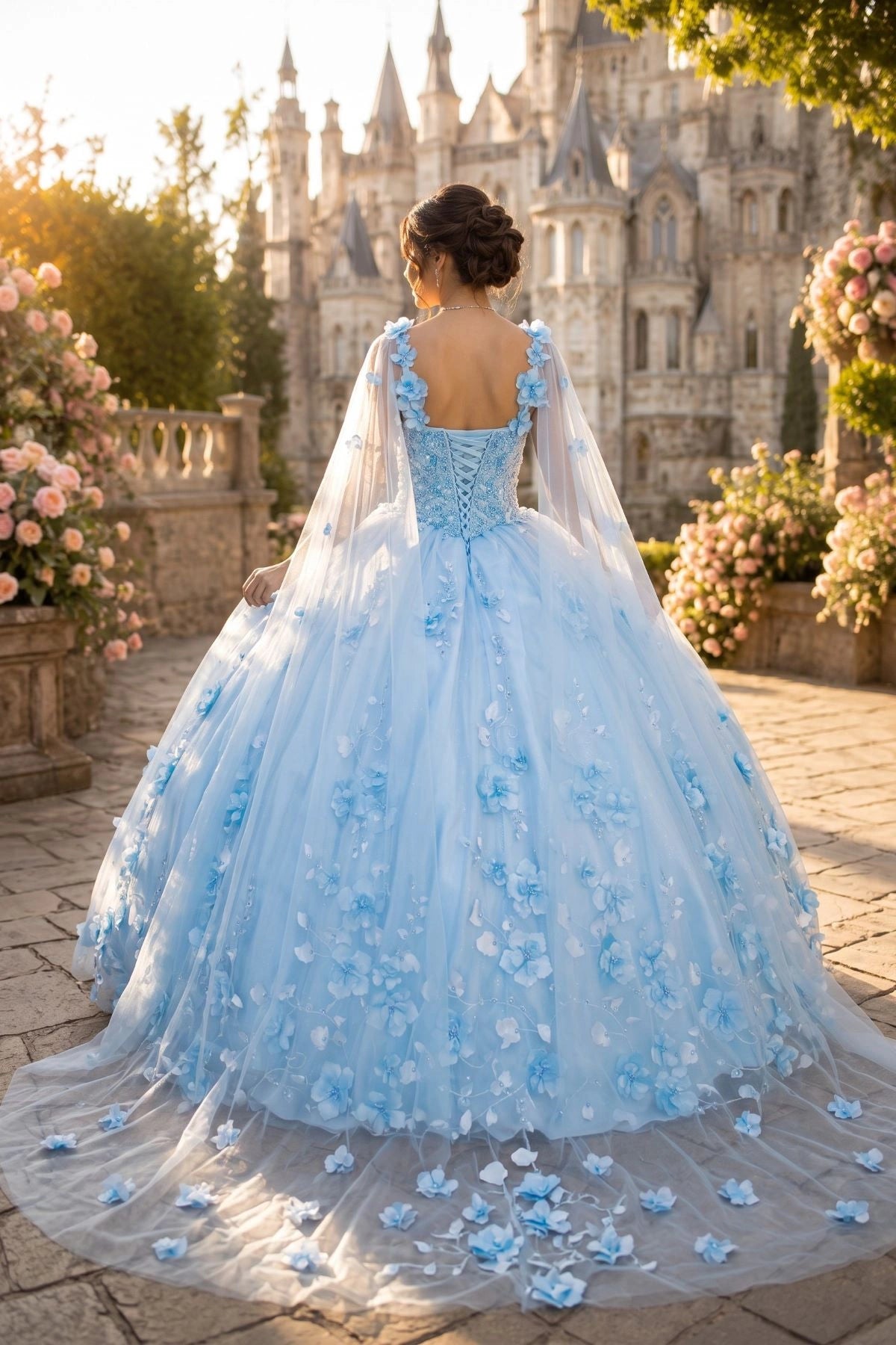 Shown in a back view, the Light Blue quinceañera dress has lace-up back, sheer cape and trailing floral appliques.