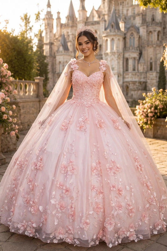Displayed in a front view, the Blush quinceañera dress has sweetheart bodice, floral appliques and sheer cape.