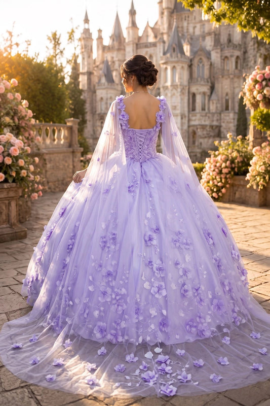 Displayed in a back view, the Lilac quinceañera dress has lace-up back and sheer floral train.
