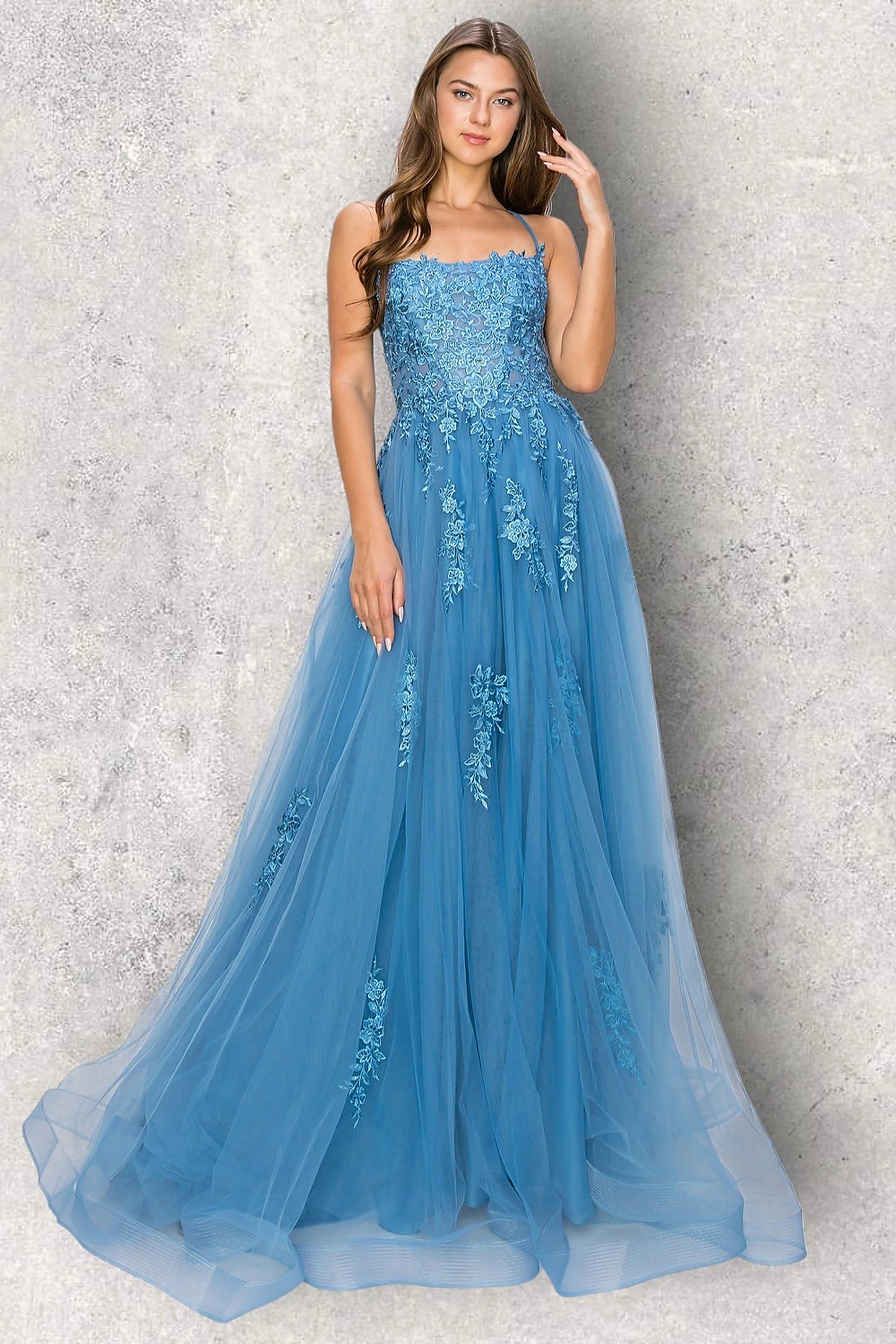 Dusty Blue evening dress with fitted embroidered bodice