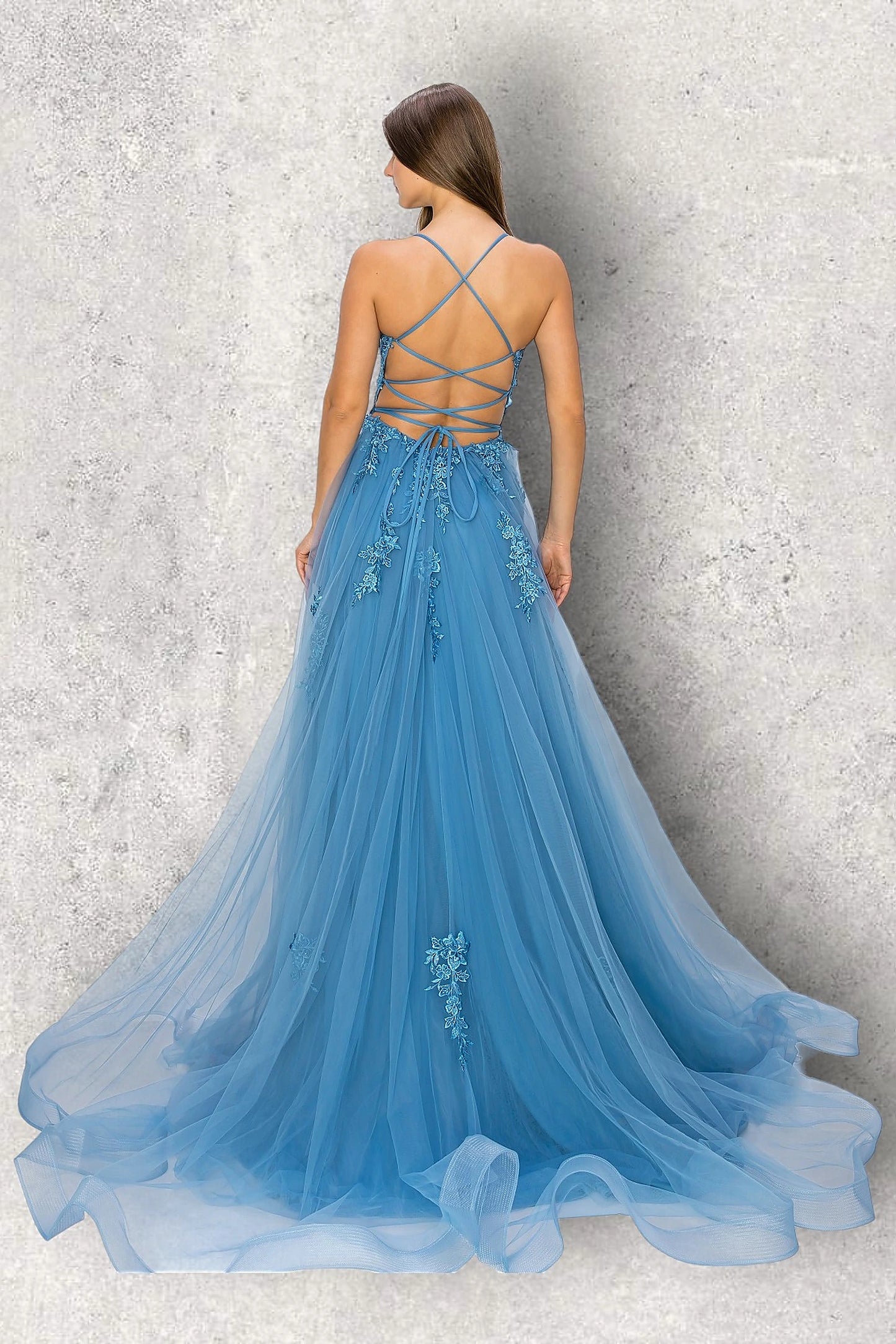 Dusty Blue evening dress featuring thin straps and crisscross open back