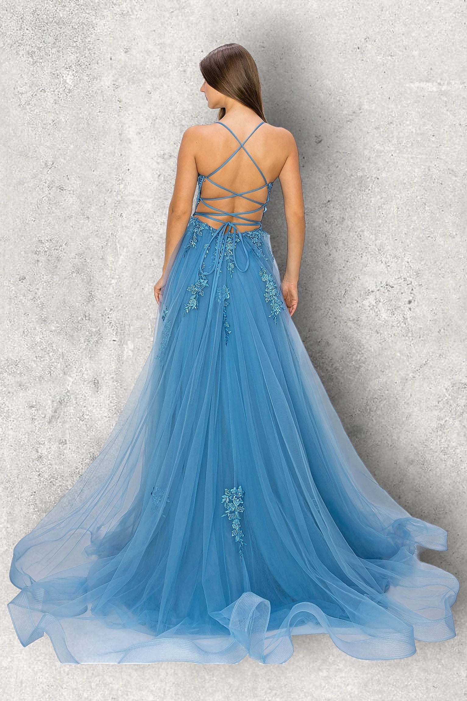 Dusty Blue evening dress featuring thin straps and crisscross open back