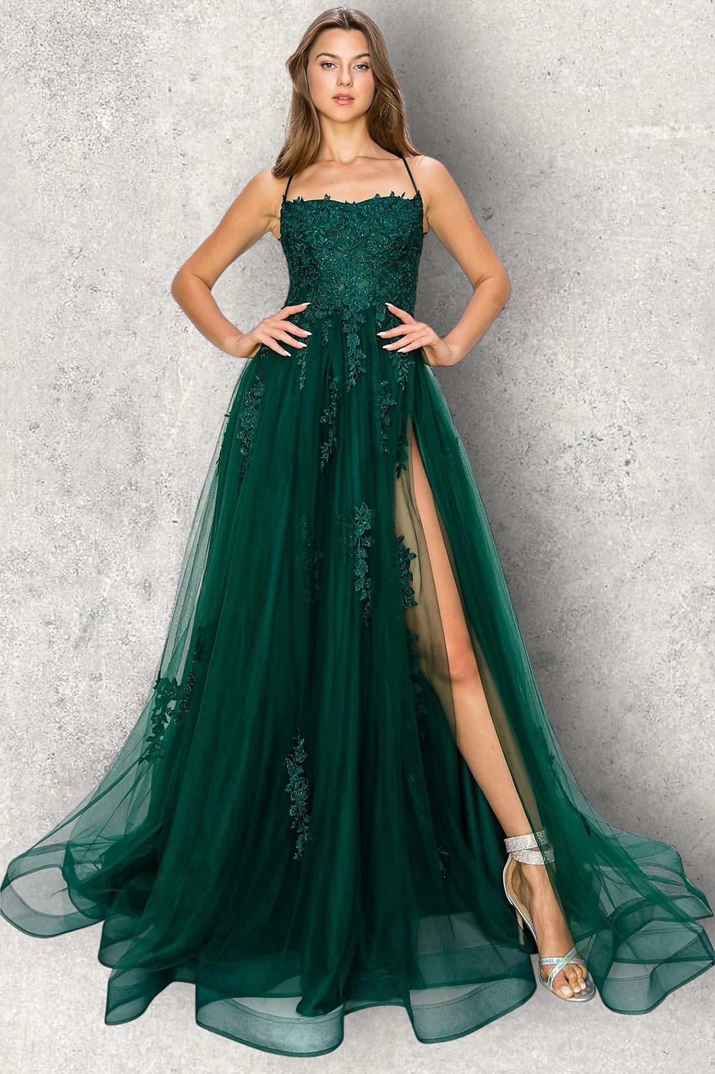Hunter Green evening dress with fitted embroidered bodice