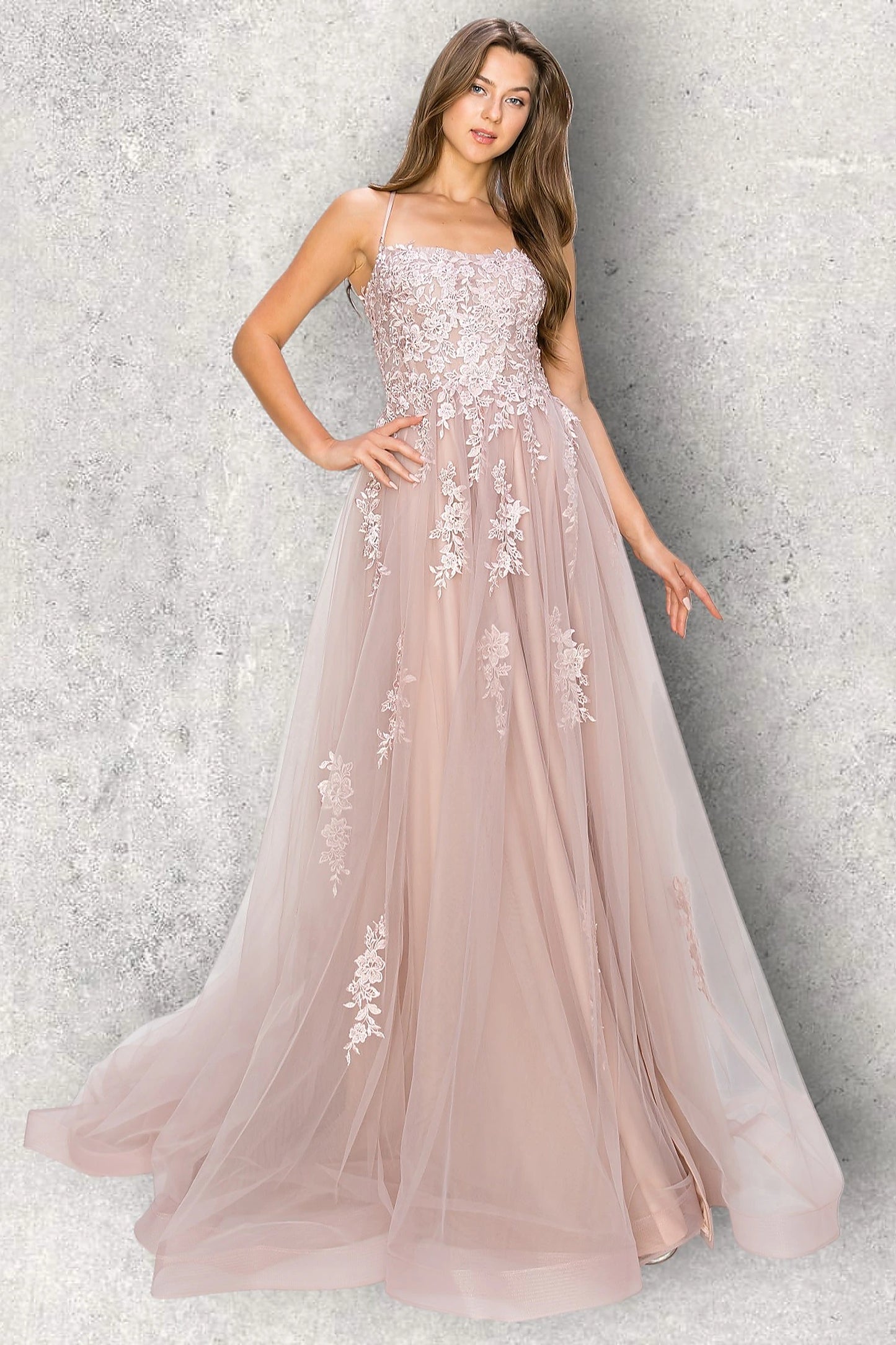 Mauve evening dress with fitted embroidered bodice