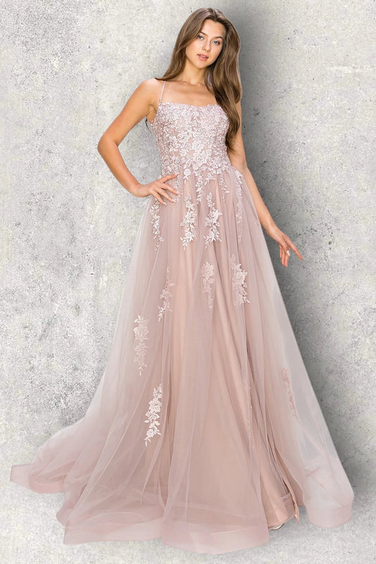 Bodice close-up highlights mauve evening dress with fitted embroidered bodice.