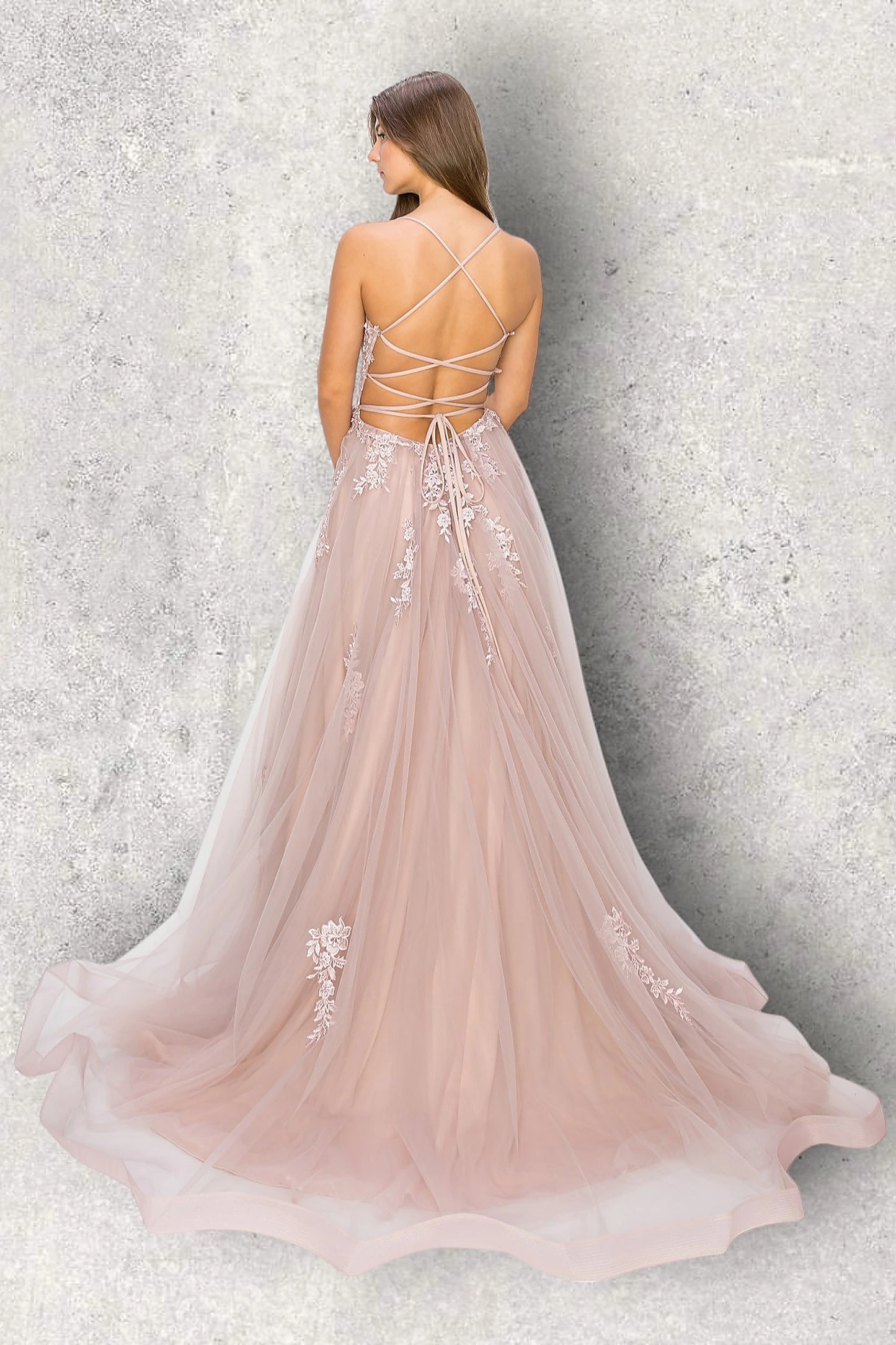 Mauve evening dress featuring thin straps and crisscross open back