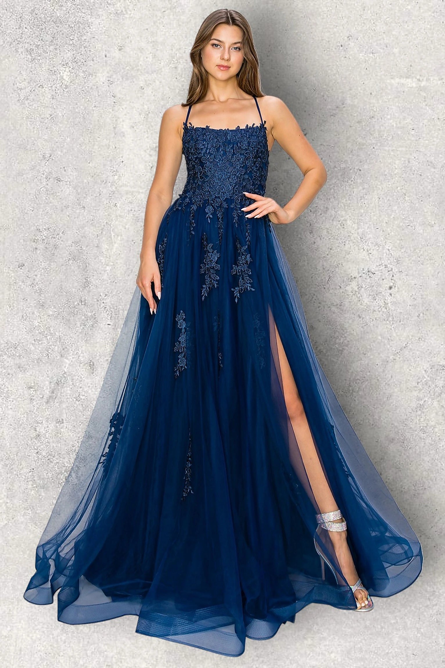 Navy evening dress with fitted embroidered bodice