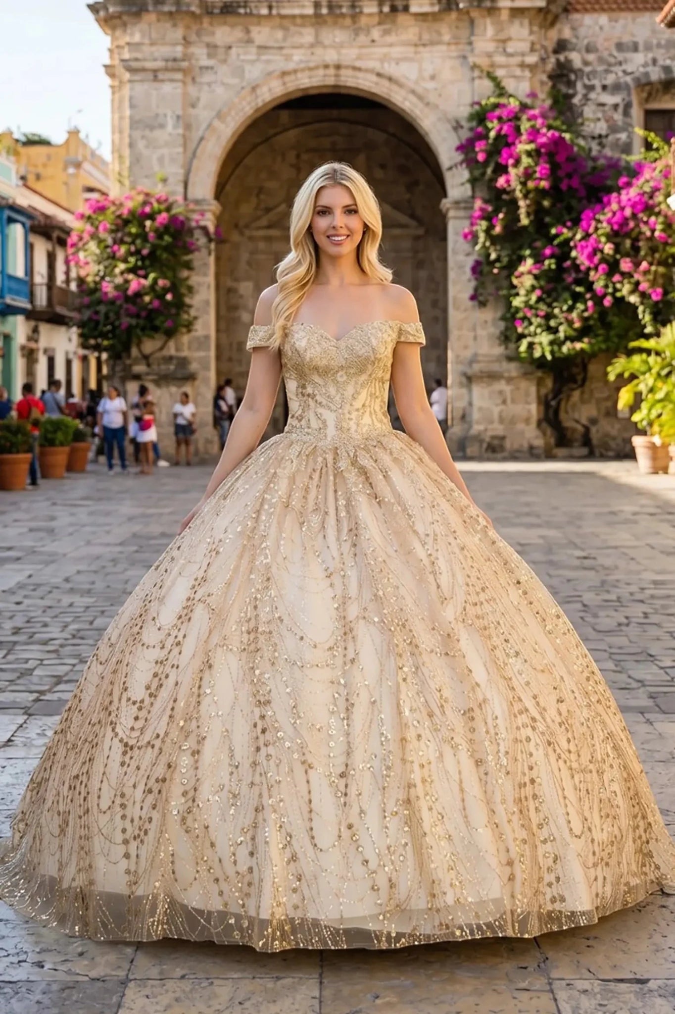 Front view of a woman wearing champagne quinceanera ball gown with sweetheart neckline and gold embroidery