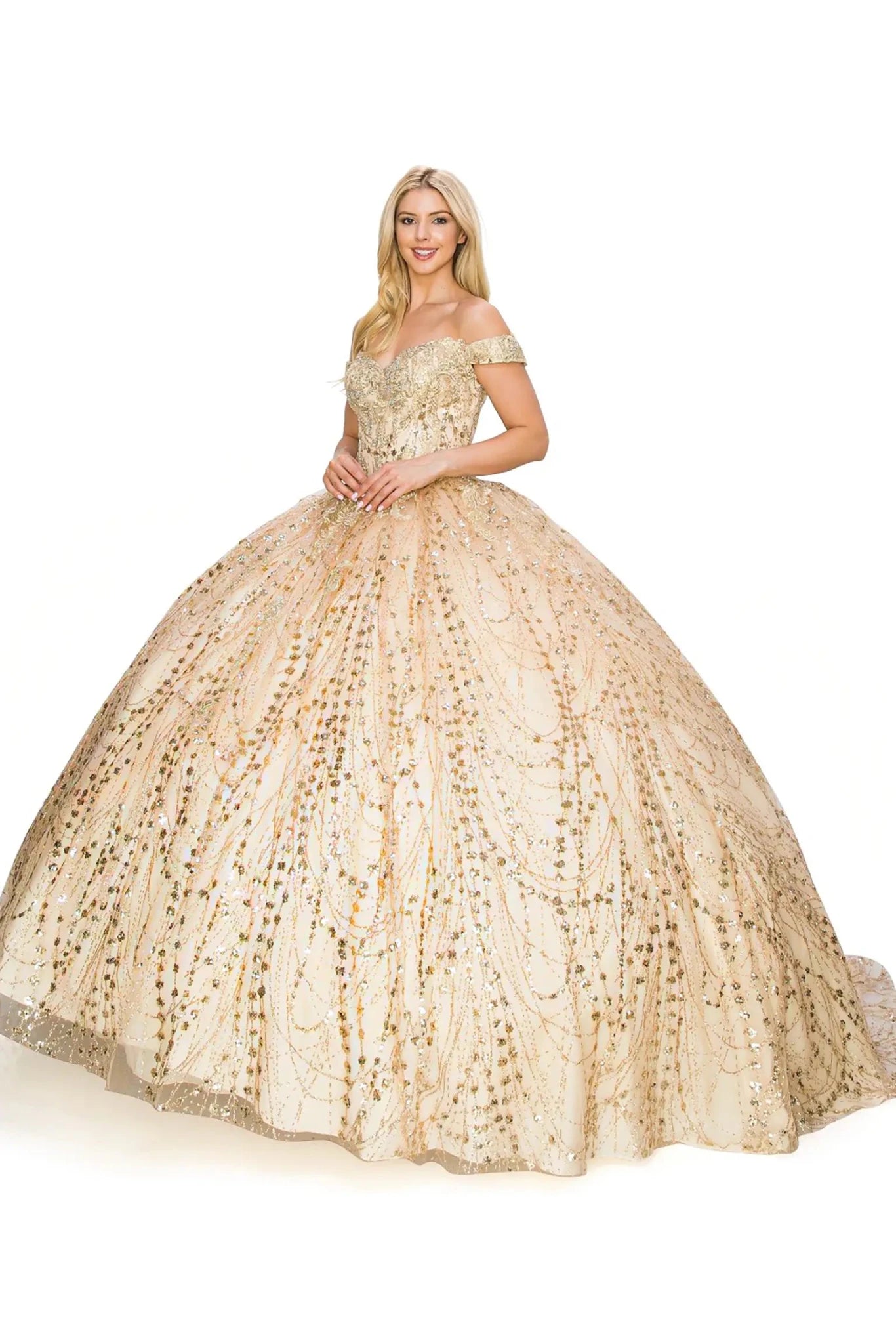 Front view of a woman wearing champagne quinceanera ball gown with gold sequin embroidery, glitter bodice, and satin skirt