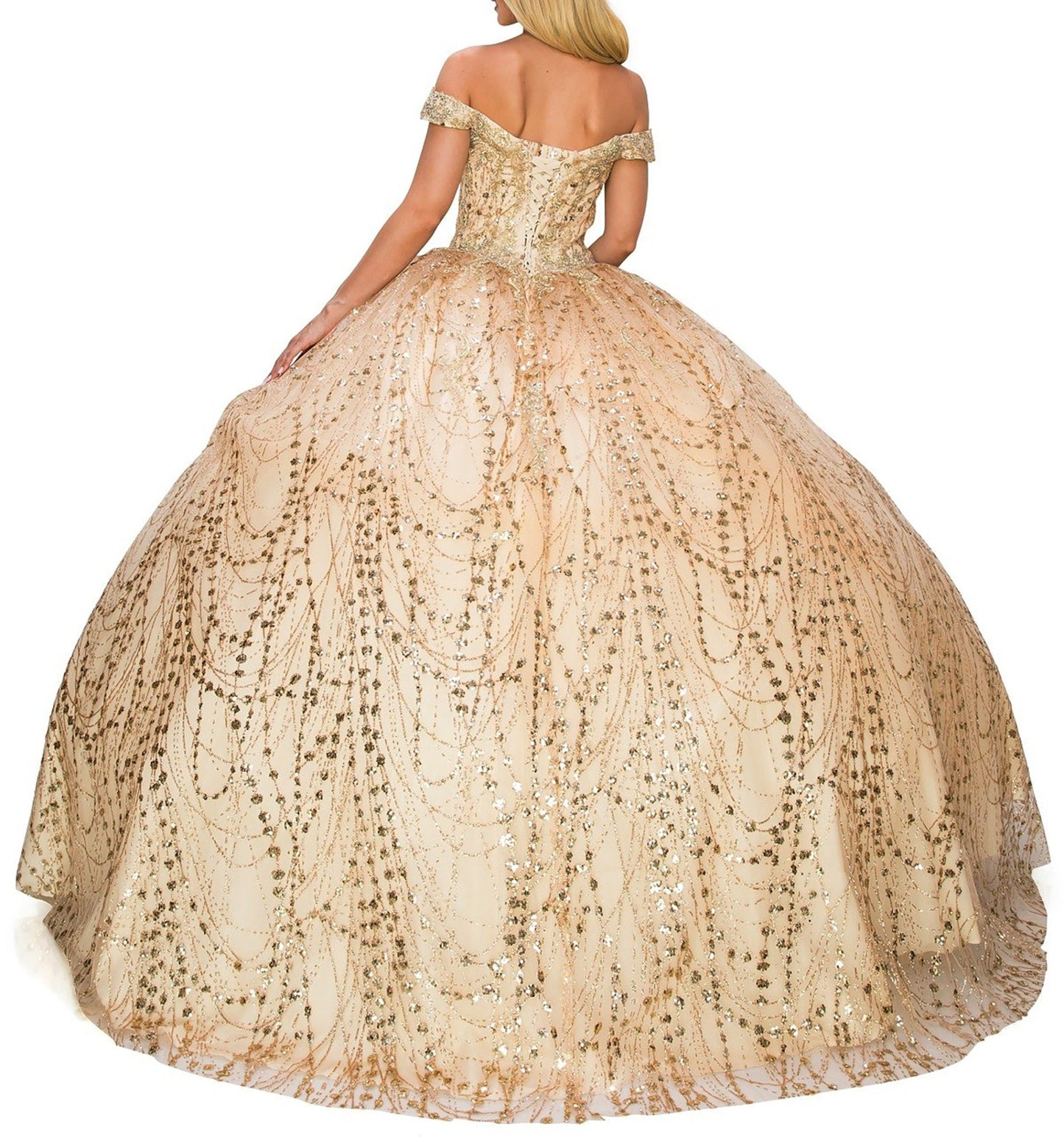 Back view of a woman wearing champagne quinceanera ball gown with lace-up corset, gold embroidery, and glitter bodice