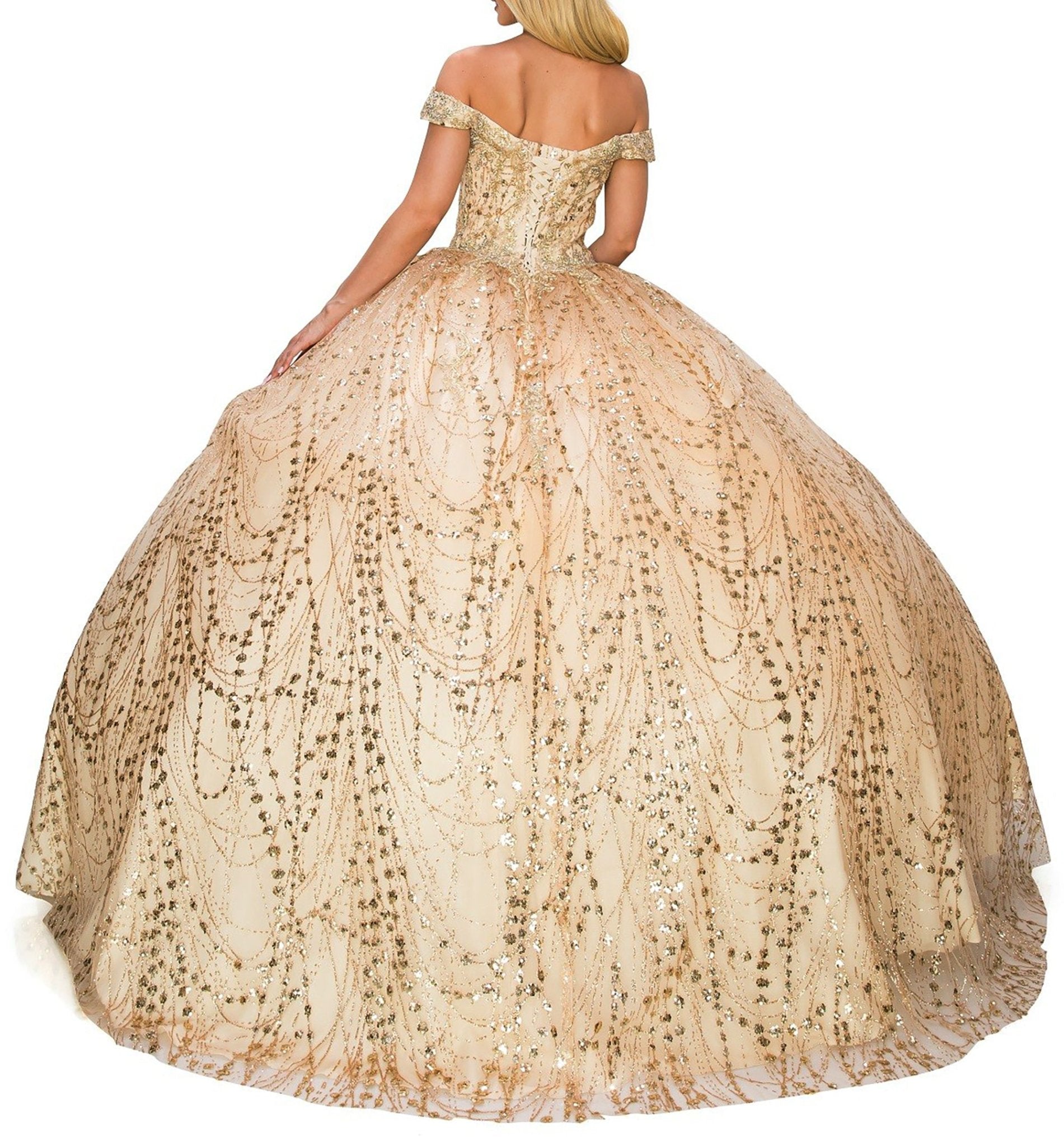 Back view of a woman wearing champagne quinceanera ball gown with lace-up corset, gold embroidery, and glitter bodice