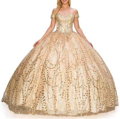 Intricate features stand out across champagne quinceanera ball gown with sweetheart neckline, gold embroidery, and glitter bodice.